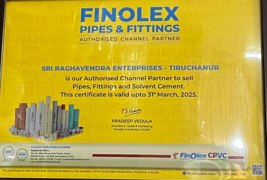 Finolex authorised channel partner certificate